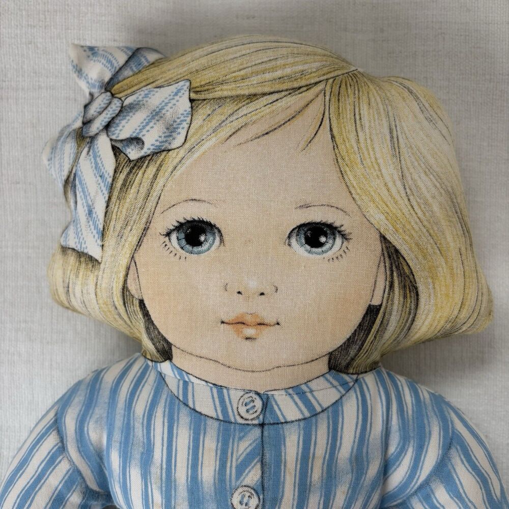 Vtg Cloth Plush Doll 1984 Toy Works Valerie Leonard Blue Stripes Pinafore Blonde - Picture 2 of 16
